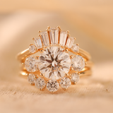 18K Yellow Gold 2.5ct Round Lab Diamond Round Prong Basket Three-stone Engagement Ring with Two Ring Enhancers in Bridal Ring Set Design 18K Yellow Gold 2.5ct Round Lab Diamond Round Prong Basket Three-stone Engagement Ring with Two Ring Enhancers in Bridal Ring Set Design