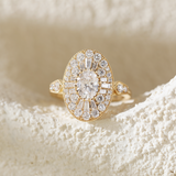18K Yellow Gold Oval Lab Diamond Millegrain Vintage Style Ring with Round and Tapered Baguette Side-stones Halo