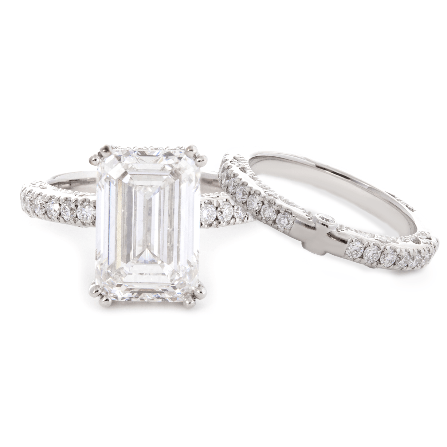 14K Yellow Gold 4ct Emerald Cut Lab Diamond Hidden Halo Victorian Antique Bridal Set Rings Platinum