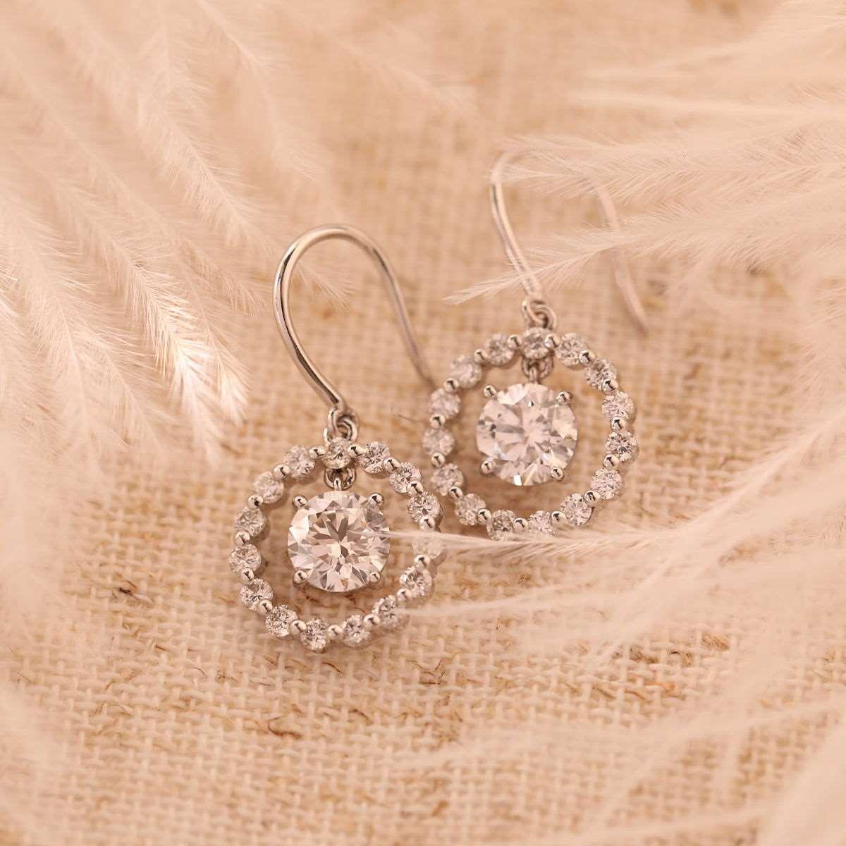 14K White Gold Earrings with Round Cut Lab Diamonds and Hook Closure