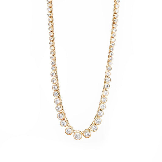 14K Yellow Gold Round Brilliant Cut Lab Diamond Bezel Setting Tennis Chain Necklace