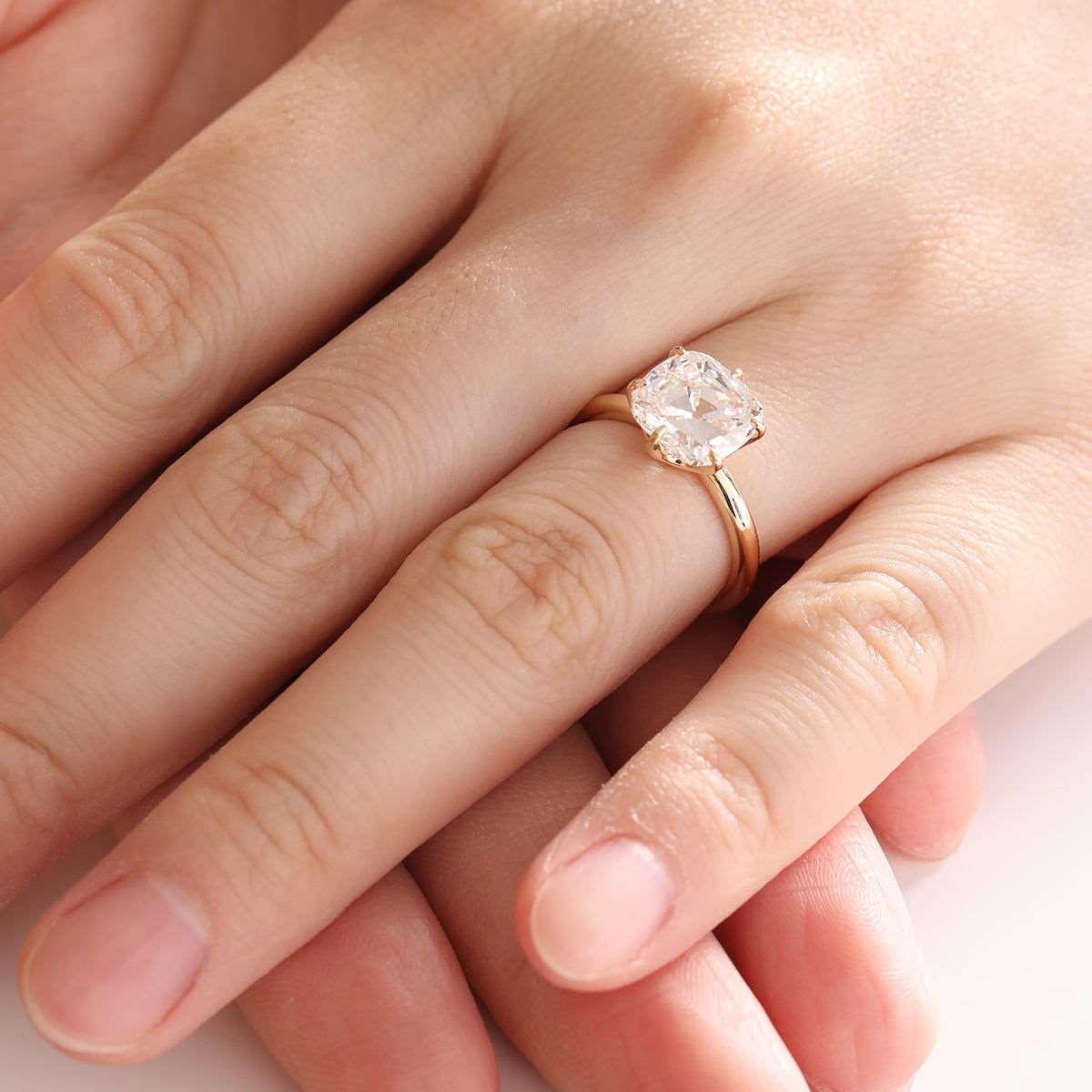 14K Yellow Gold 3ct Old Mine Cut Cushion Diamond Hidden Basket Ring with 6 Prongs Floral Vintage Solitaire Design