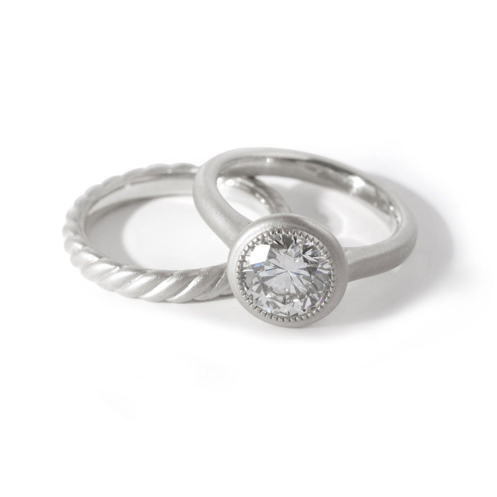 14k Yellow Gold Round Lab Diamond Bezel Matte Bridal Set Rings Platinum