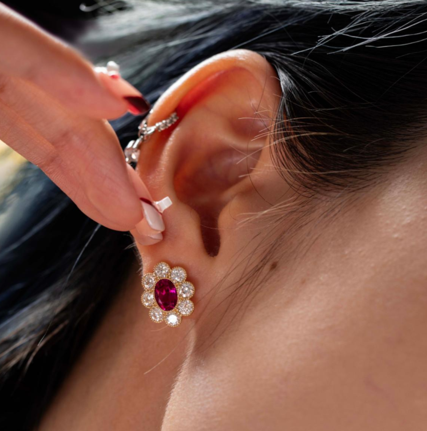 14K Yellow Gold Oval Pink Sapphire & Round Lab Diamond Flower Millegrain Bezel Stud Earrings