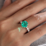 18K White Gold 2.5ct Round Colombian Lab Emerald 4 Calw Prong Ring with 8 Round Lab Diamond Side-stones