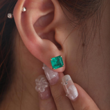 14K Yellow Gold 4.5 ct tw Asshcer Cut Colombian Lab Emerald 4 Claw Prong Basket Stud Earrings