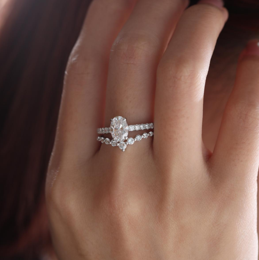 Platinum 1ct Oval Cut Lab Diamond 4 Claw Prong Basket Setting Round Lab Diamond Pave Ring with A 7-stone Round Lab Diamond V-Shaped Ring Enhancer - Bridal Ring Set Design