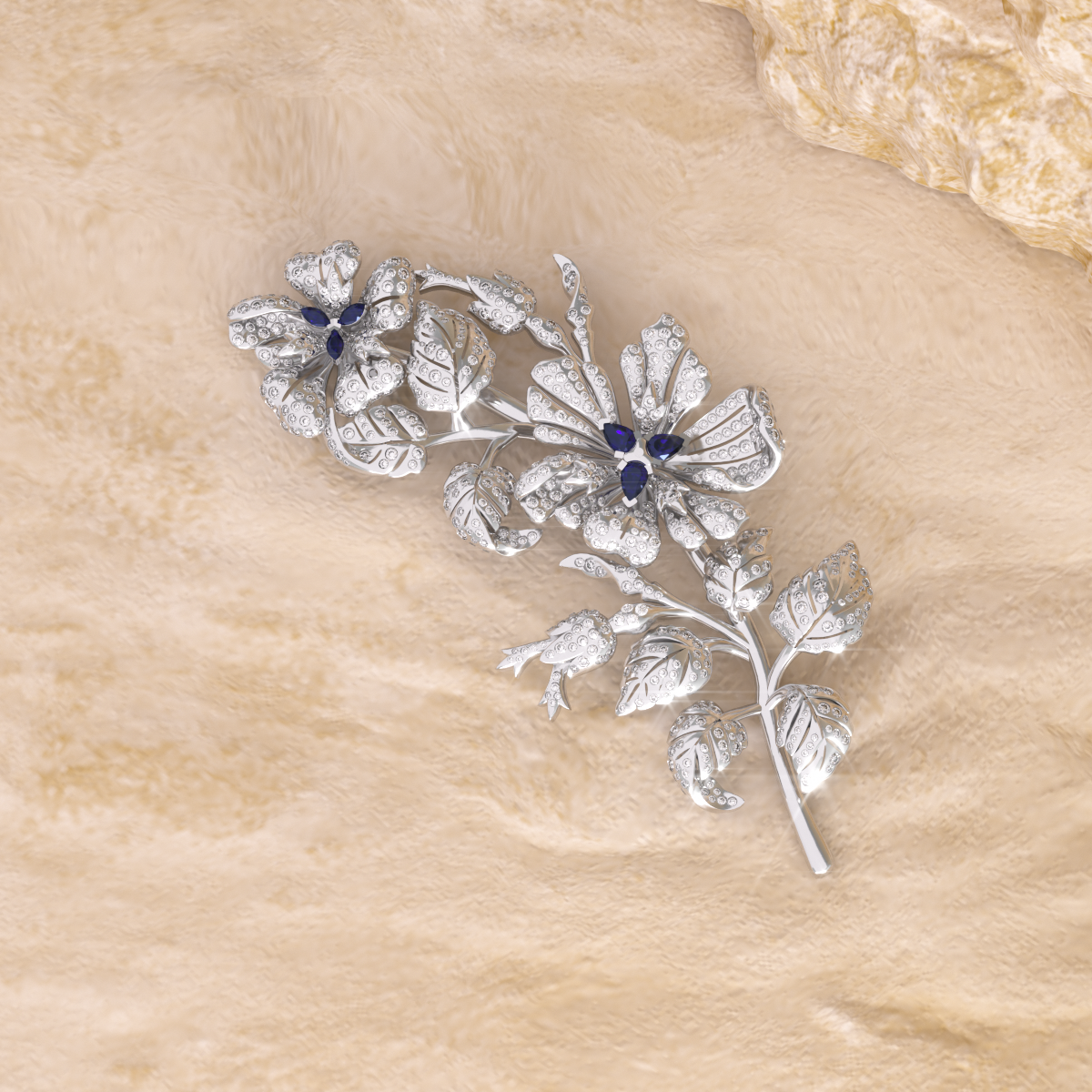 14K White Gold Pear and Maequise Lab Sapphire and Round Lab Diamond Floral Brooch