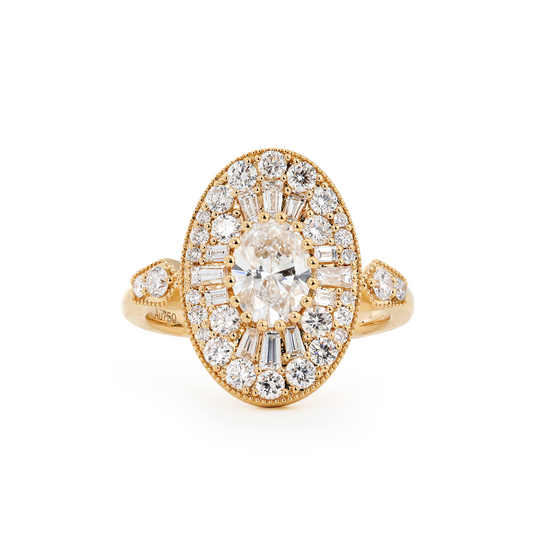 18K Yellow Gold Oval Lab Diamond Millegrain Vintage Style Ring with Round and Tapered Baguette Side-stones Halo