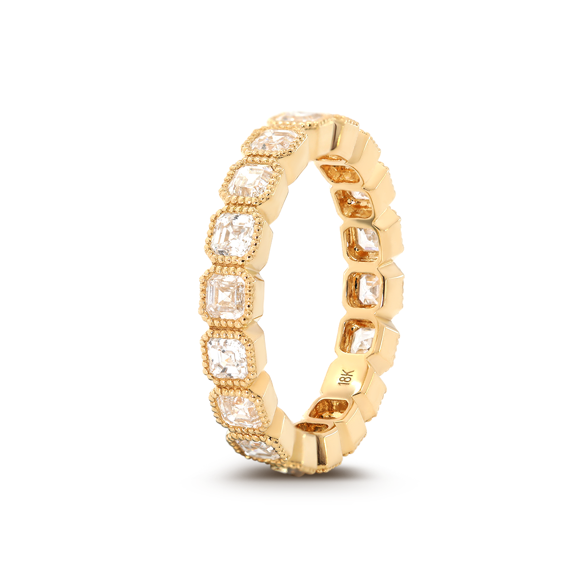 18K Yellow Gold Asscher Cut Lab Diamond Millegrain Bezel Eternity Ring