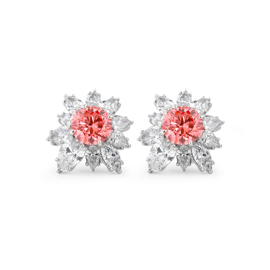 Platinum 2 ct tw Pink Round Cut Lab Dimaond Floral Nature-Inspired Stud Earrings