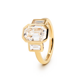 14K Yellow Gold 3ct Antique Emerald Cut Lab Diamond Bezel Three Stone Ring with Baguette Cut Lab Diamond Side-stones