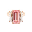 14K Rose and White Gold 13*6.5mm Emerald Cut Lab Pink Sapphire and Two Baguette Cut Lab Diamond Three Stone Cocktail Ring with Tapered Band