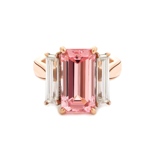 14K Rose and White Gold 13*6.5mm Emerald Cut Lab Pink Sapphire and Two Baguette Cut Lab Diamond Three Stone Cocktail Ring with Tapered Band