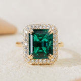 14K Yellow Gold 3.5ct Lab Zambian Emerald Double Claw Prongs Ring with Round Lab Diamond Halo