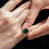 14K Yellow Gold 3.5ct Lab Zambian Emerald Double Claw Prongs Ring with Round Lab Diamond Halo