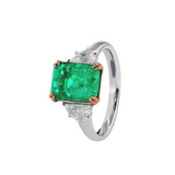18K White and Rose Gold 2ct Lab Emerald Three Stone Ring with Cadillac Cut Lab Diamond Side-stone
