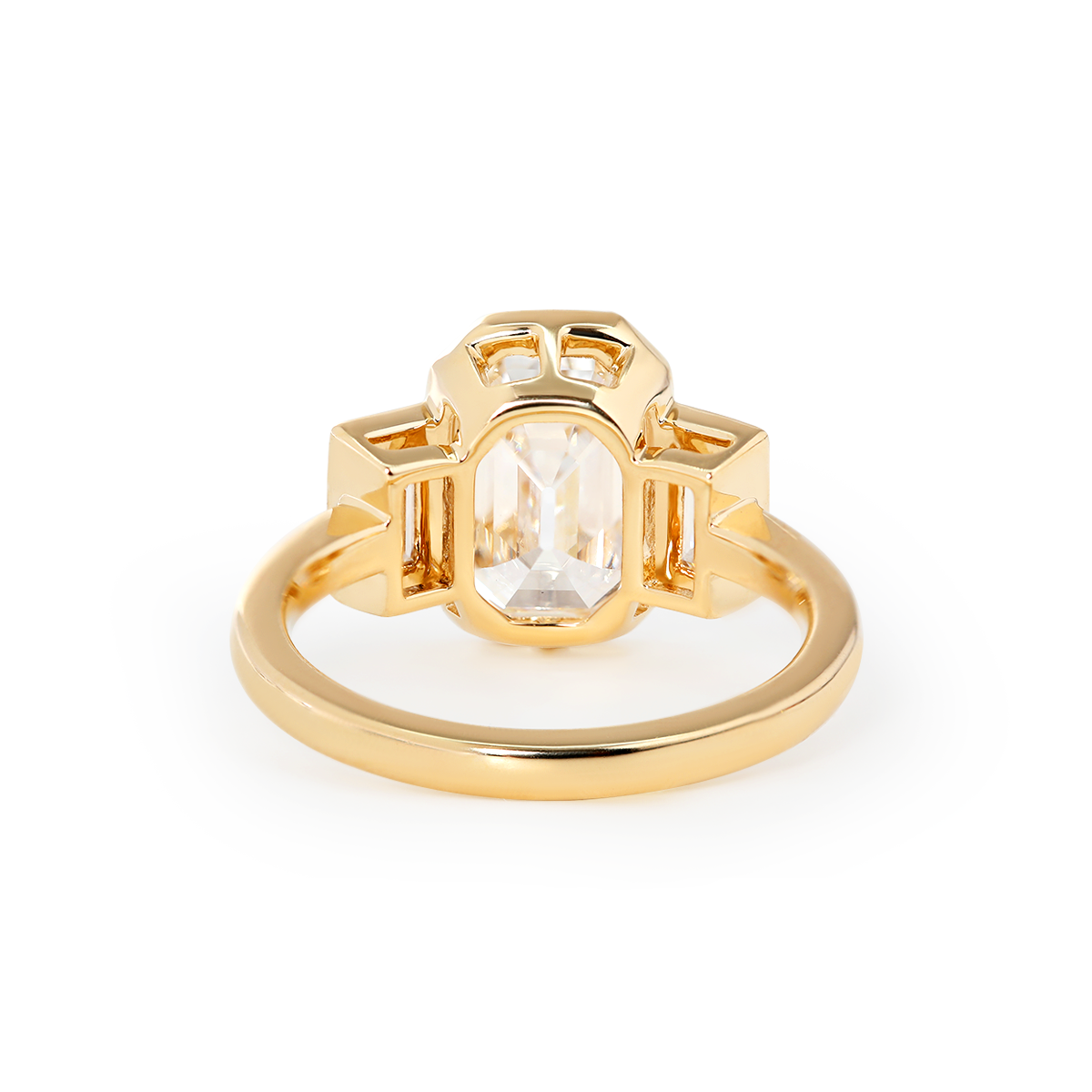 14K Yellow Gold 3ct Antique Emerald Cut Lab Diamond Bezel Three Stone Ring with Baguette Cut Lab Diamond Side-stones