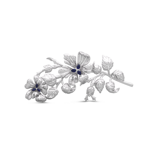 14K White Gold Pear and Maequise Lab Sapphire and Round Lab Diamond Floral Brooch