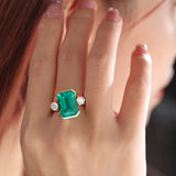 14K Yellow Gold 7ct Emerald Cut Colombian Lab Emerald Half Bezel Setting Ring with A Ring Enhancer in Bridal Ring Set Design
