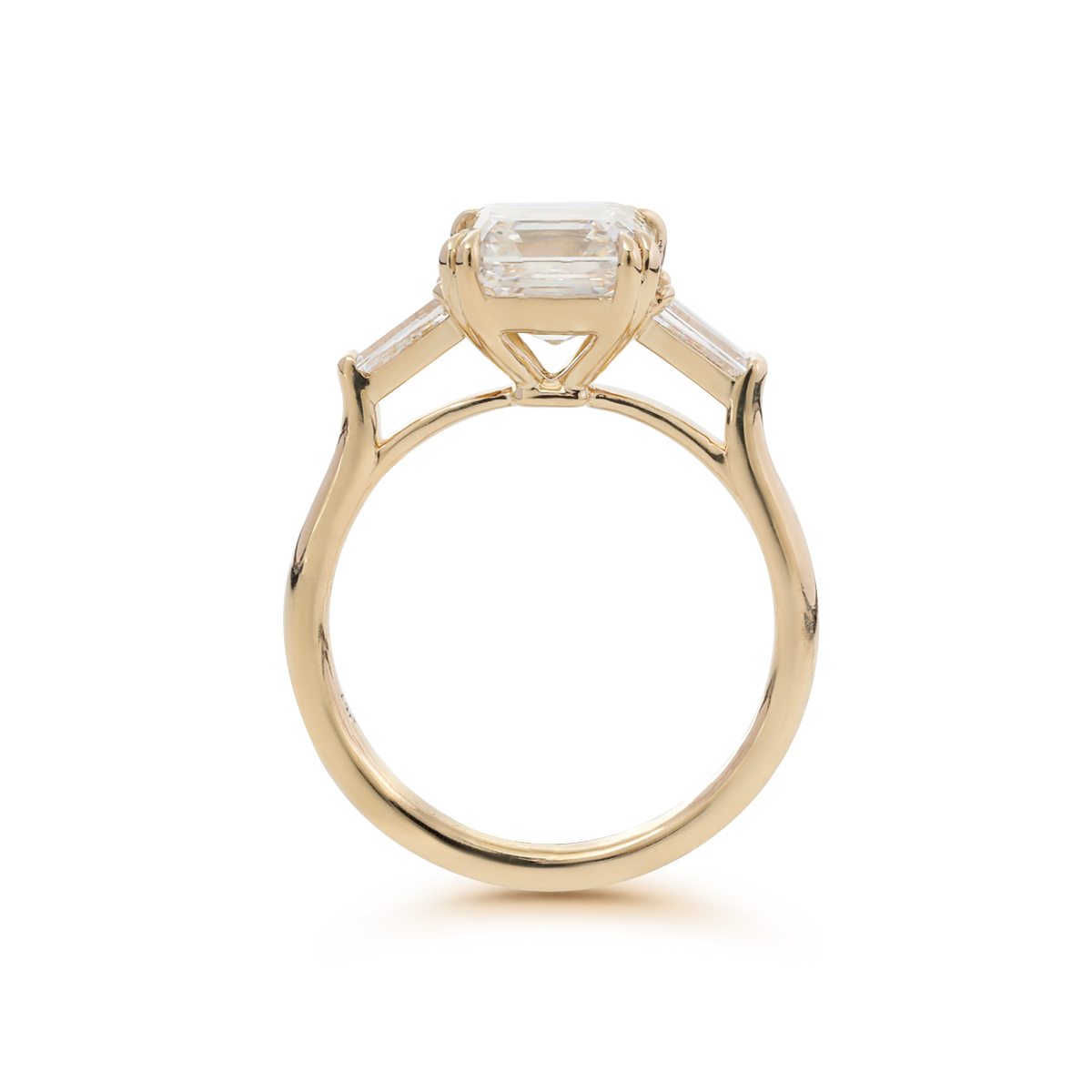 14K Yellow Gold 3.5ct Asscher Cut Lab diamond Double Claw Prongs Three-stone Ring with Two Tapered Baguette Cut