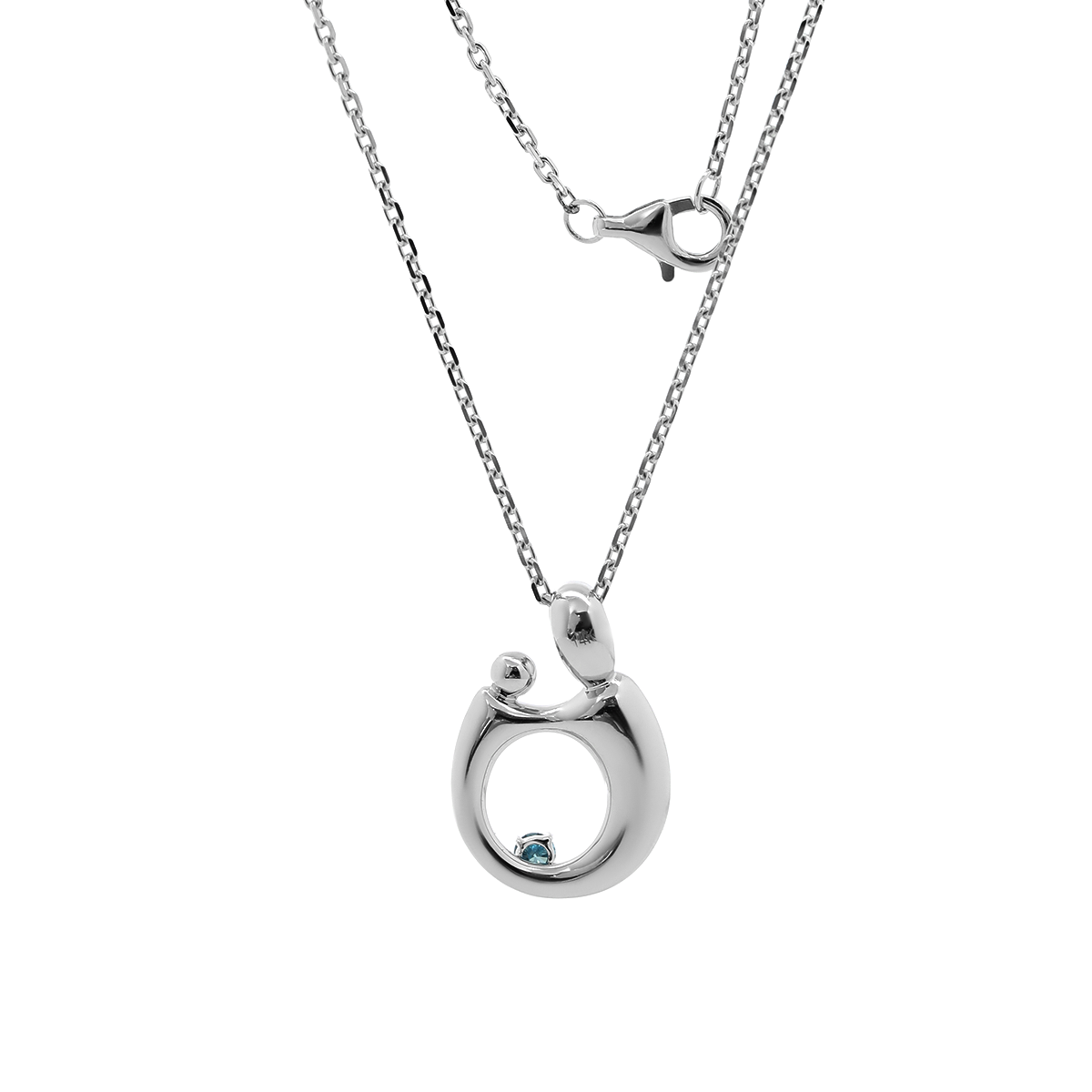 14K White Gold Mother and Child Pendant Necklace with Blue Round Lab Diamond