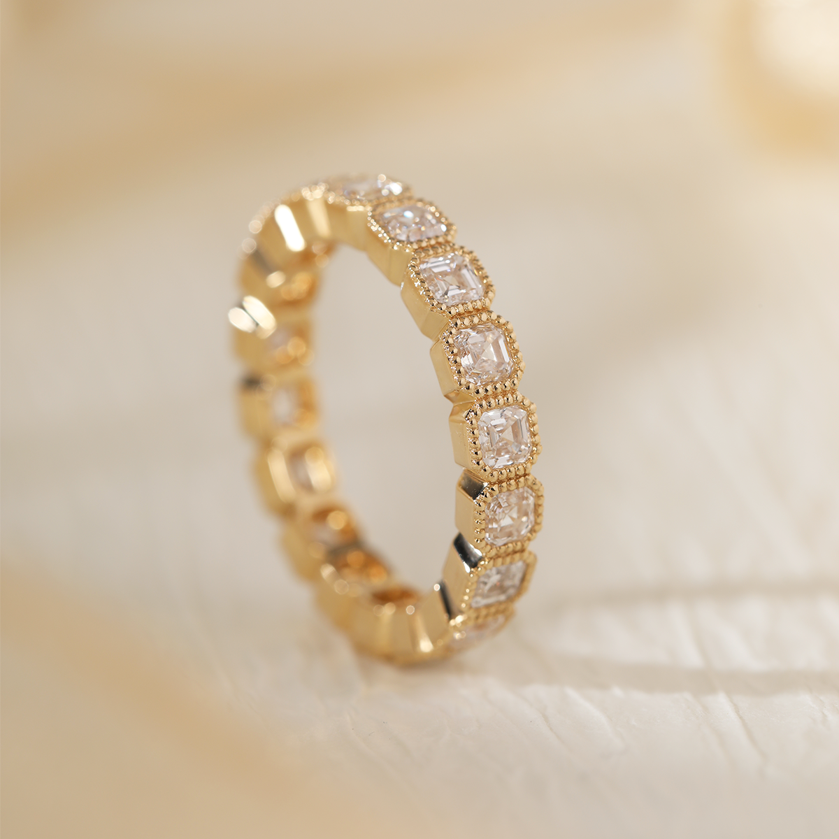 18K Yellow Gold Asscher Cut Lab Diamond Millegrain Bezel Eternity Ring