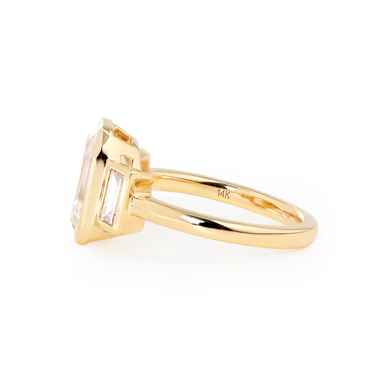 14K Yellow Gold 3ct Antique Emerald Cut Lab Diamond Bezel Three Stone Ring with Baguette Cut Lab Diamond Side-stones
