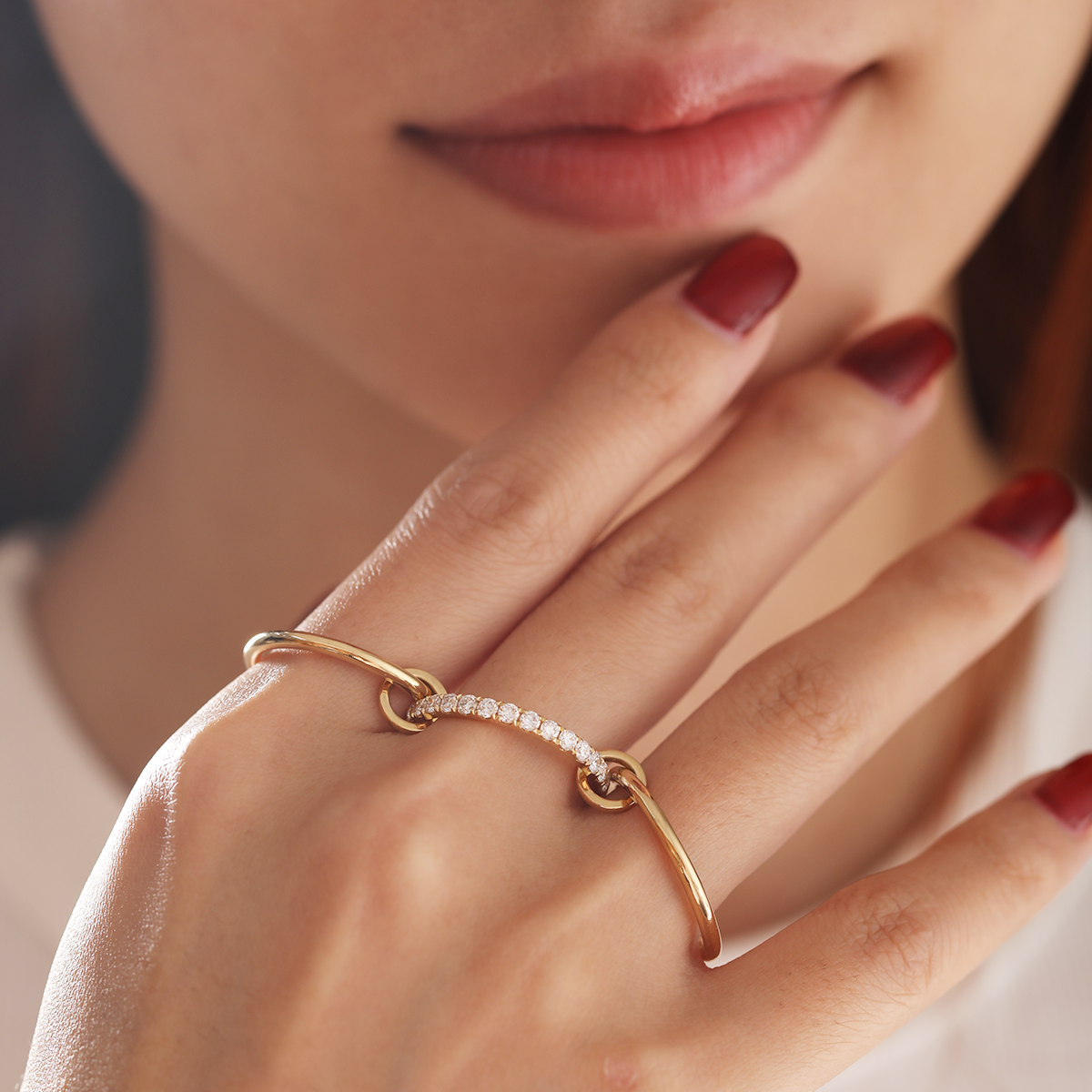 18K Yellow Gold Triple Link Stacking Ring with Round Lab Diamond Pave