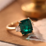18K Yellow Gold 3ct Lab Emerald Three-stone Ring with Step Cut Trapezoid Lab Diamond Side-stones