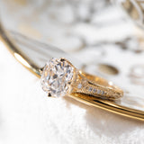 14K Yellow Gold 3ct Old Mine Cut Lab Diamond Crown Setting Diamond-milling Vintage Ring with Round Lab Diamond Side-stone