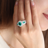 14K White Gold 9*7mm Oval Columbian Lab Emerald Vintage Ring with Pear Lab Emerald and Round Lab Diamond Side-stones Pave
