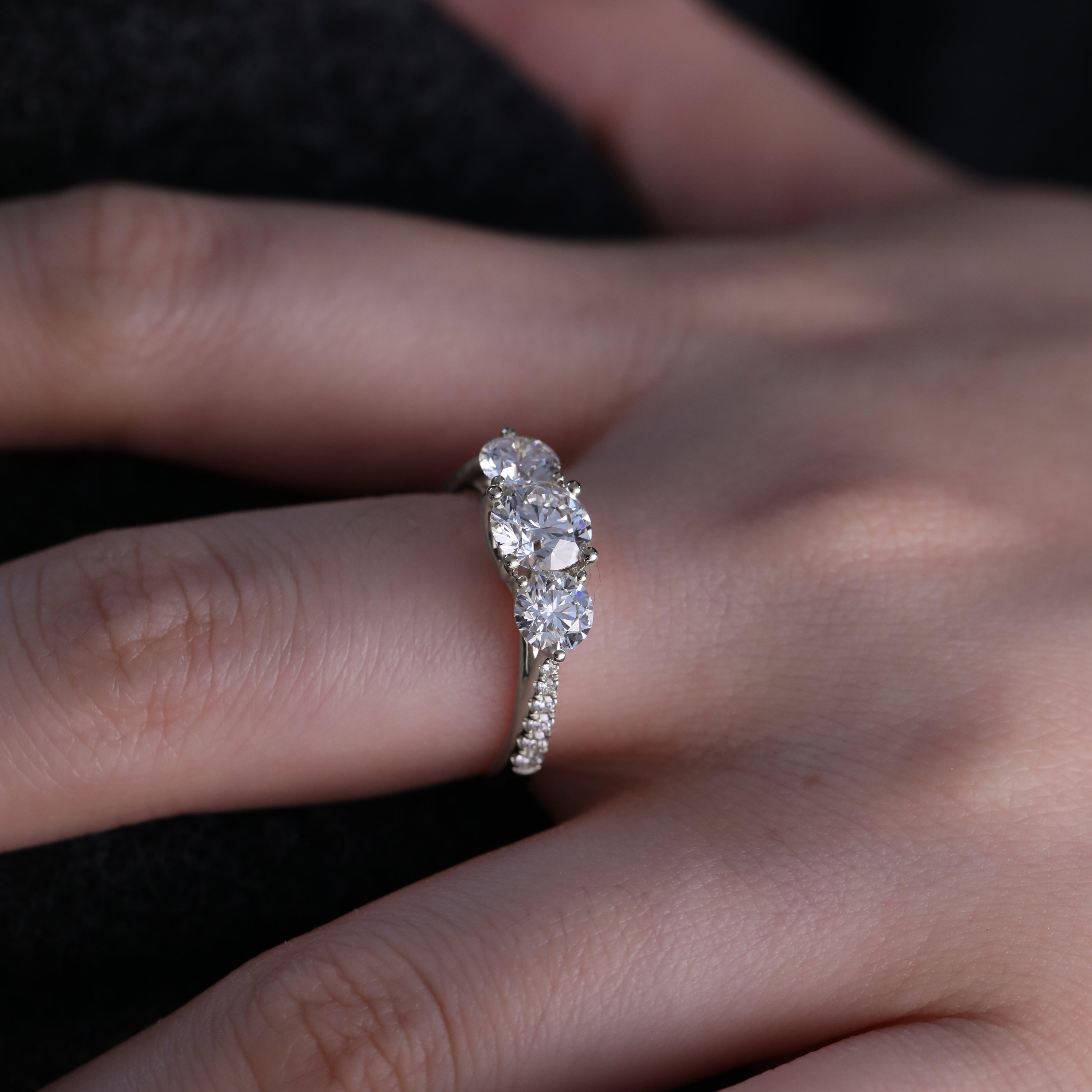 14K Yellow Gold Round Brilliant Cut Lab Diamond Pave Three Stone Ring 18K White Gold