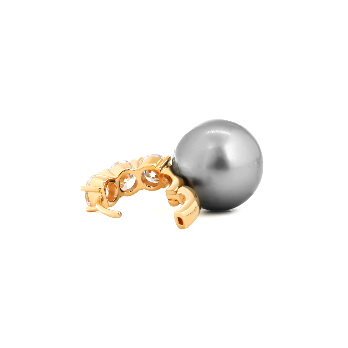 14K Yellow Gold 12mm Grey Fresh-water Pearl with Round Lab Diamond Side-stones Hoop Earrings