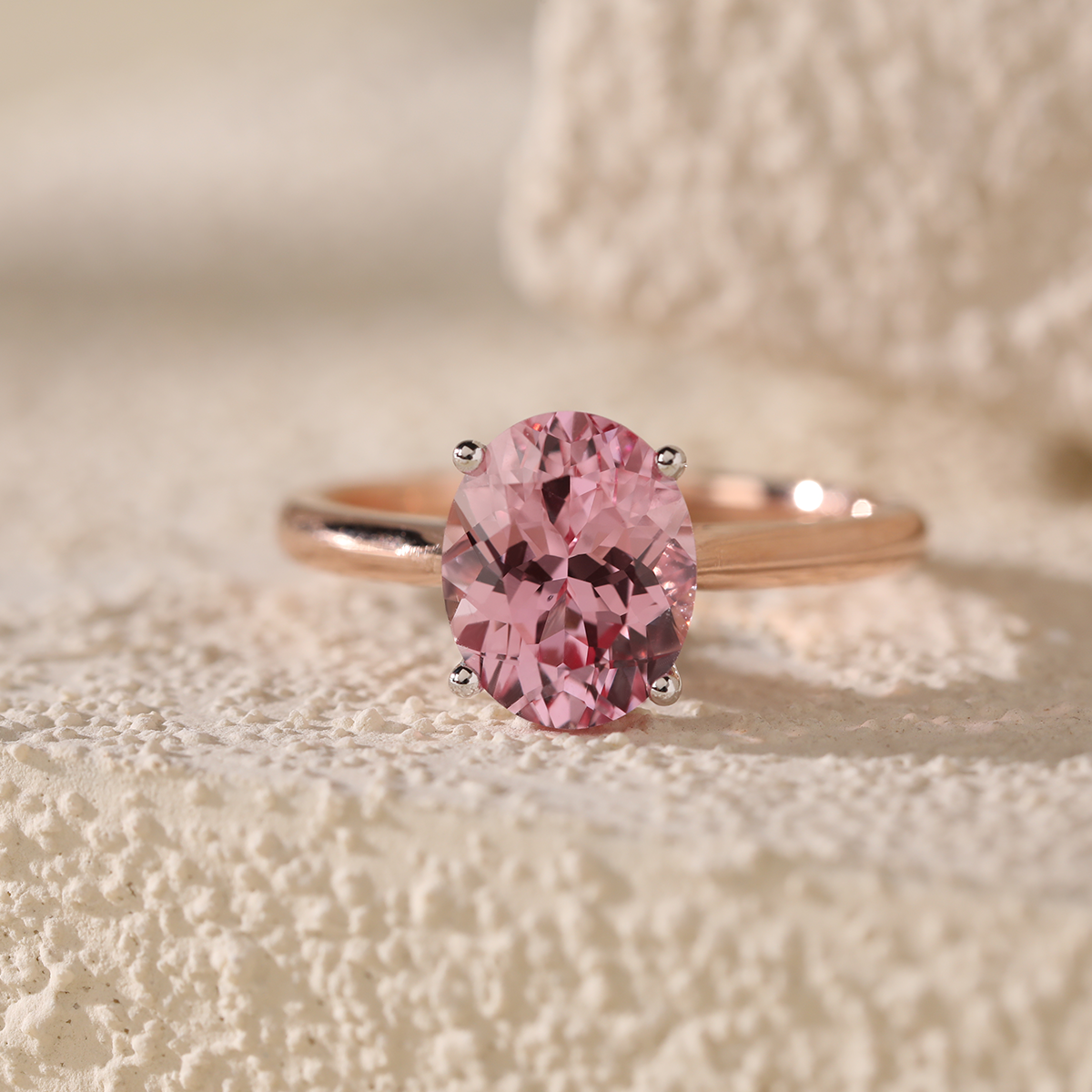14K Rose Gold Oval Pink Lab Corundum Solitaire Ring in 4 White Gold Round Prong Cathedral Setting Design