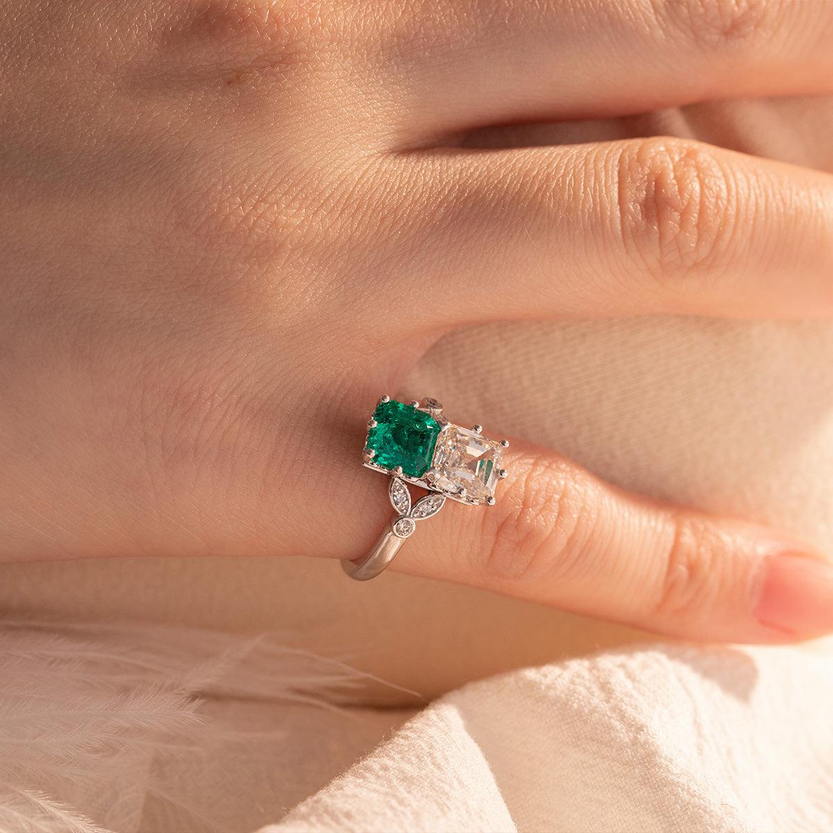 18K White Gold Asscher Cut Lab Emerald & Lab Diamond Toi et Moi Side-stone Cocktail Ring 18K Yellow Gold