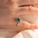 18K White Gold Asscher Cut Lab Emerald & Lab Diamond Toi et Moi Side-stone Cocktail Ring 18K Yellow Gold