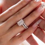 14K Yellow Gold 4ct Emerald Cut Lab Diamond Hidden Halo Victorian Antique Bridal Set Rings 18K White Gold
