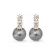14K Yellow Gold 12mm Grey Fresh-water Pearl with Round Lab Diamond Side-stones Hoop Earrings