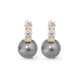 14K Yellow Gold 12mm Grey Fresh-water Pearl with Round Lab Diamond Side-stones Hoop Earrings