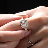 18K Yellow Gold 3ct Antique Bagua-shaped Step Cut Lab Diamond Ring with Tapered Step Cut Lab Diamond Halo and Two Tapered Baguette Cut Side-stone