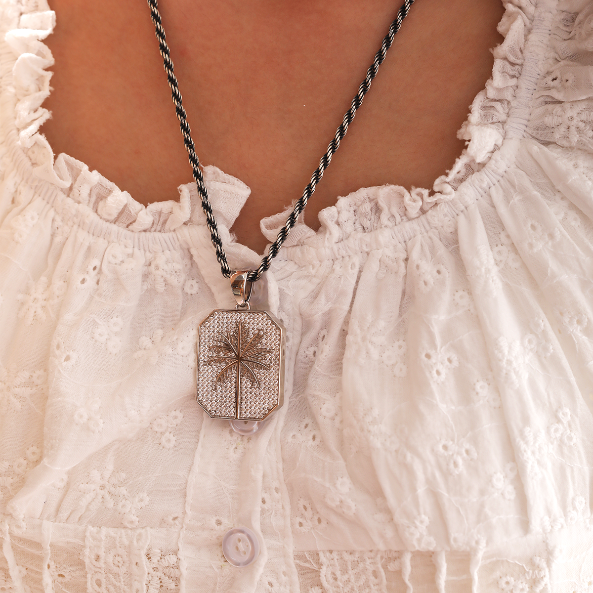 14K White Gold Palm Pendant Necklace with Round Lab Diamond Pave