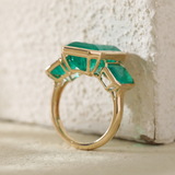 14K Yellow Gold 10.5 ct tw Emerald Cut Colombian Lab Emerald Bezel Setting Three-stone Ring