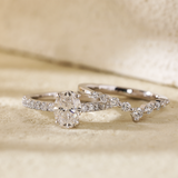 Platinum 1ct Oval Cut Lab Diamond 4 Claw Prong Basket Setting Round Lab Diamond Pave Ring with A 7-stone Round Lab Diamond V-Shaped Ring Enhancer - Bridal Ring Set Design