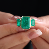 14K Yellow Gold 10.5 ct tw Emerald Cut Colombian Lab Emerald Bezel Setting Three-stone Ring