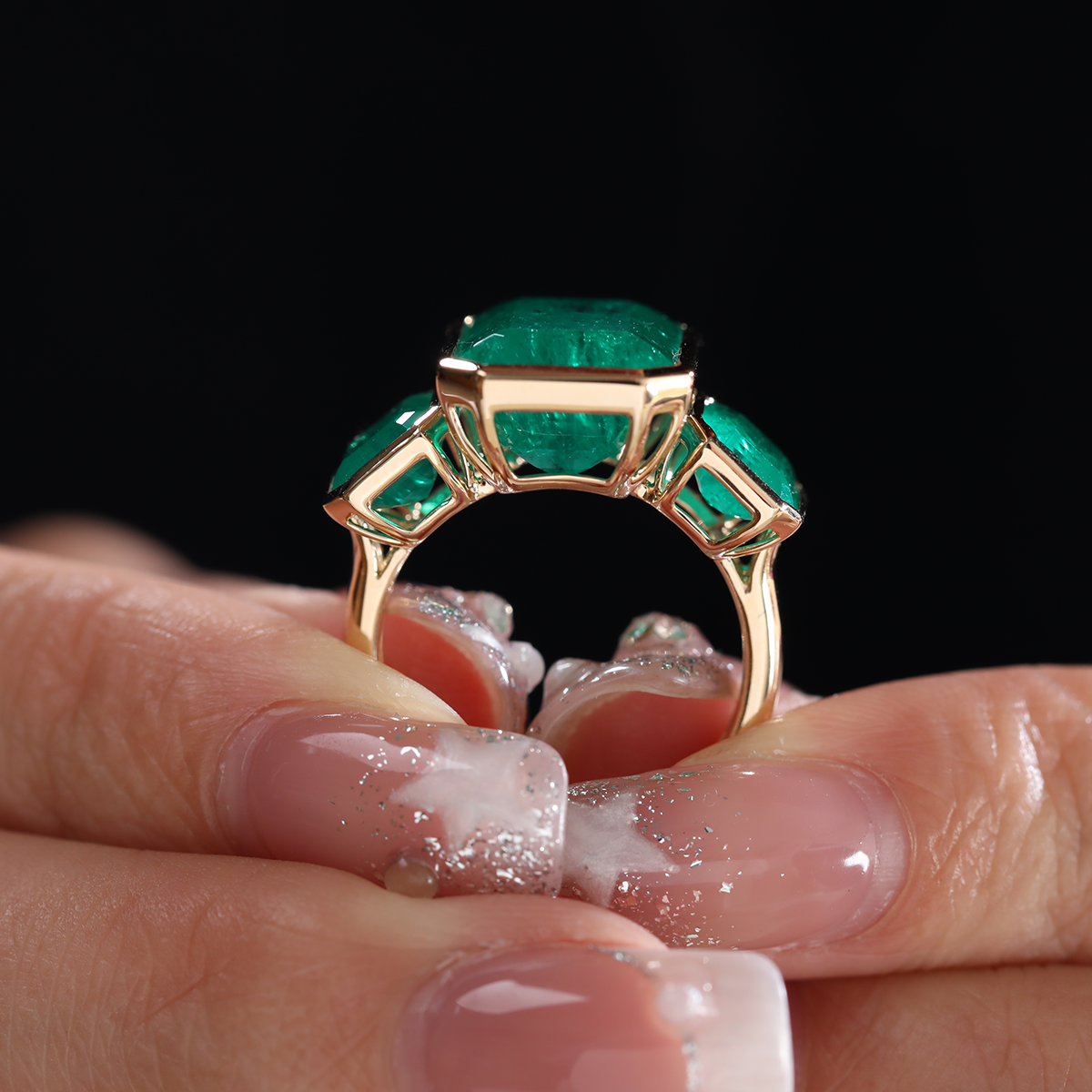 14K Yellow Gold 10.5 ct tw Emerald Cut Colombian Lab Emerald Bezel Setting Three-stone Ring