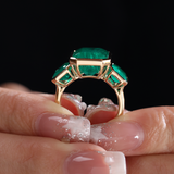 14K Yellow Gold 10.5 ct tw Emerald Cut Colombian Lab Emerald Bezel Setting Three-stone Ring