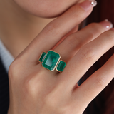 14K Yellow Gold 10.5 ct tw Emerald Cut Colombian Lab Emerald Bezel Setting Three-stone Ring