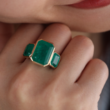 14K Yellow Gold 10.5 ct tw Emerald Cut Colombian Lab Emerald Bezel Setting Three-stone Ring