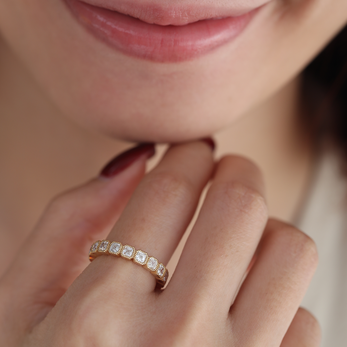 18K Yellow Gold Asscher Cut Lab Diamond Millegrain Bezel Eternity Ring